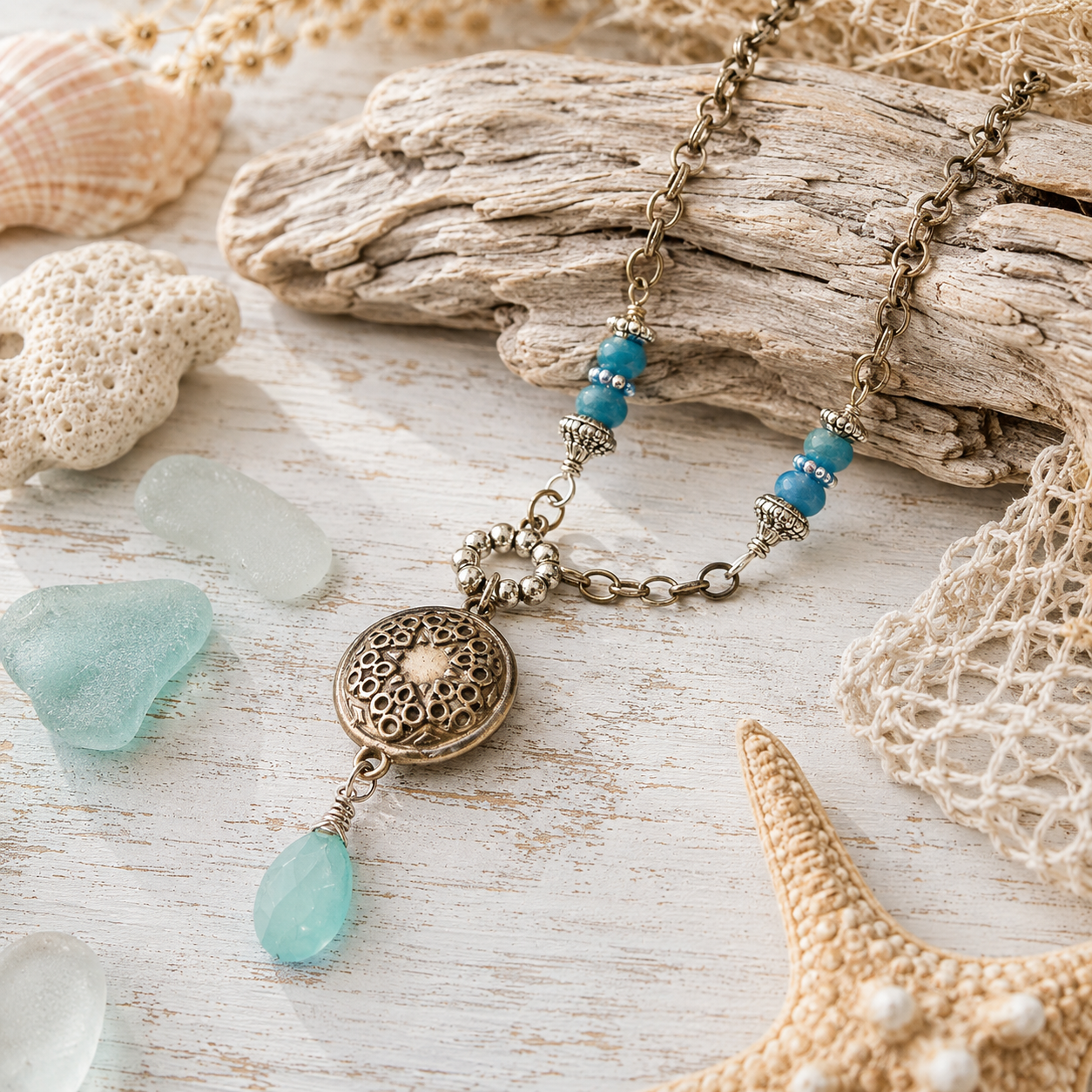 Handmade silver bronze mandala lentil pendant featuring an aqua blue chalcedony dangle, Brazilian aquamarine beads and Tibetan silver accents. A unique boho artisan necklace, adjustable from 18–20 inches.