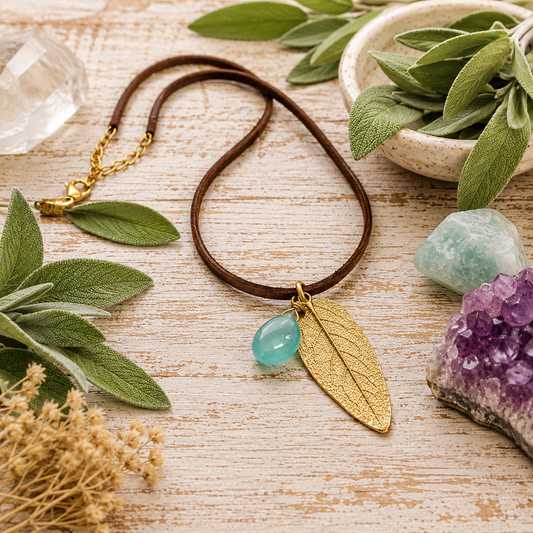Handmade bronze sage leaf necklace with aqua blue chalcedony gemstone and brown leather cord. Unique botanical boho jewelry inspired by nature.