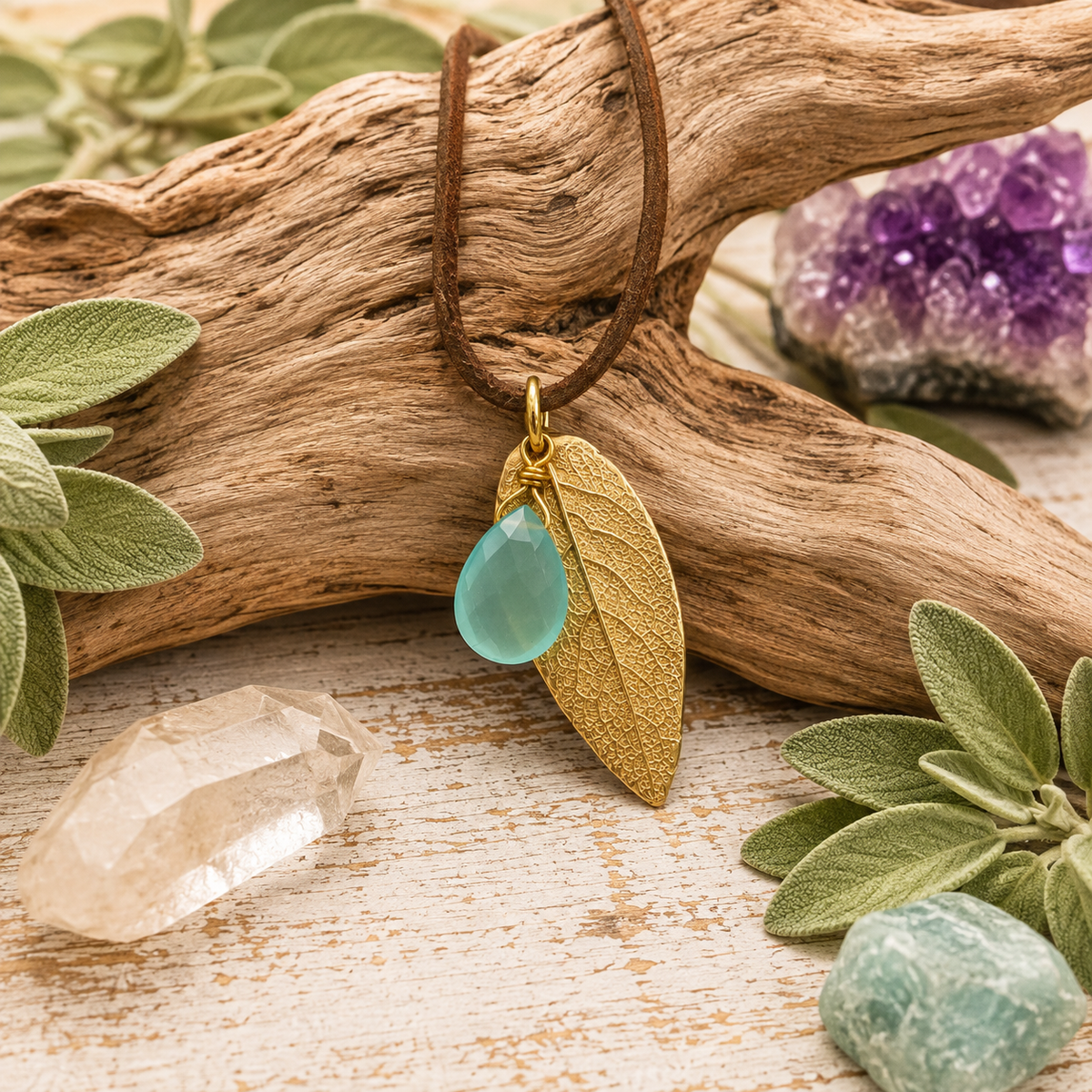 Handmade bronze sage leaf necklace with aqua blue chalcedony gemstone and brown leather cord. Unique botanical boho jewelry inspired by nature.