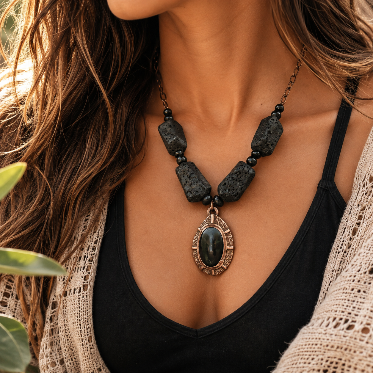 Handmade Black Rainbow Obsidian necklace with natural lava stone beads and solid copper. Bold boho statement jewelry with essential oil diffuser beads.