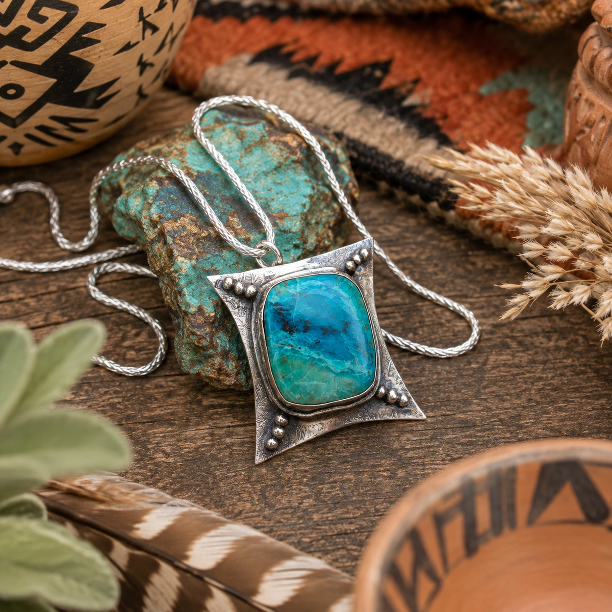 One-of-a-kind Chrysocolla sterling silver necklace featuring a 36ct blue-green Peruvian gemstone, oxidized silver pendant and 18" silver chain.