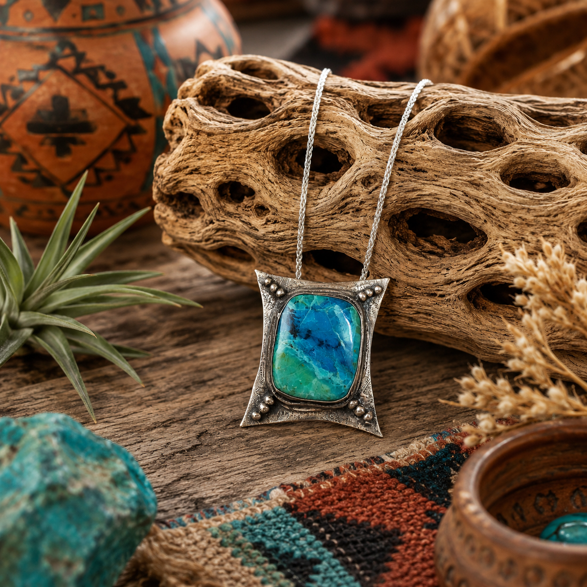One-of-a-kind Chrysocolla sterling silver necklace featuring a 36ct blue-green Peruvian gemstone, oxidized silver pendant and 18" silver chain.