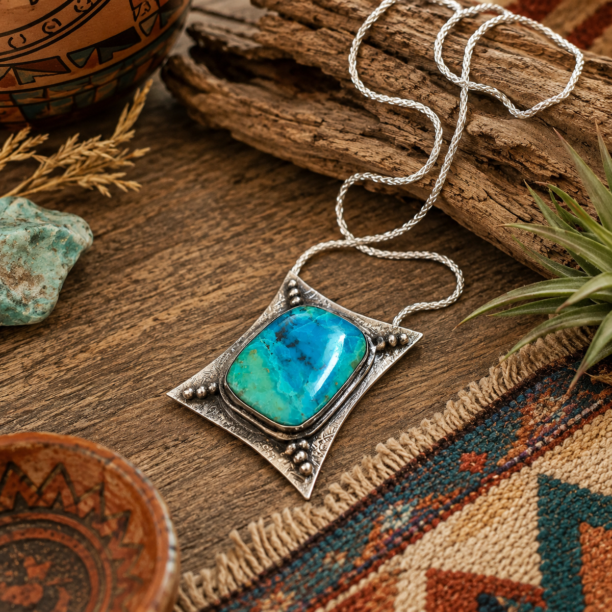One-of-a-kind Chrysocolla sterling silver necklace featuring a 36ct blue-green Peruvian gemstone, oxidized silver pendant and 18" silver chain.
