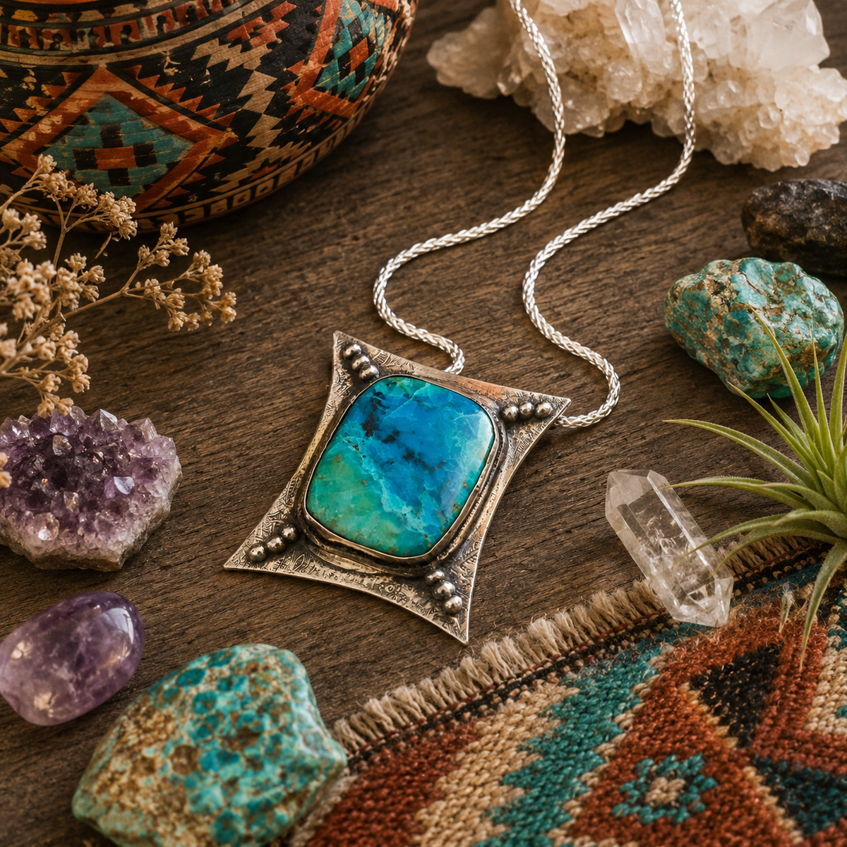 One-of-a-kind Chrysocolla sterling silver necklace featuring a 36ct blue-green Peruvian gemstone, oxidized silver pendant and 18" silver chain.