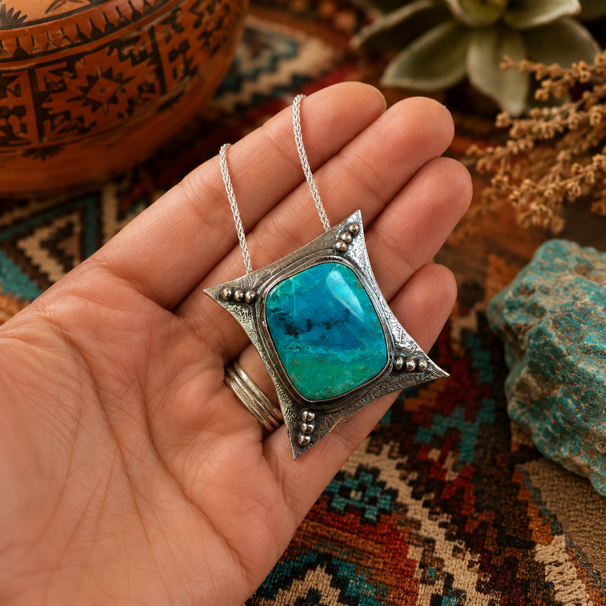 One-of-a-kind Chrysocolla sterling silver necklace featuring a 36ct blue-green Peruvian gemstone, oxidized silver pendant and 18" silver chain.