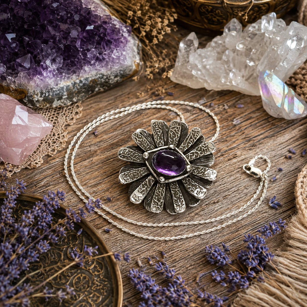 One-of-a-kind handmade natural amethyst necklace featuring a .999 fine silver daisy flower pendant, natural February birthstone and 18-inch chain. Made in USA.