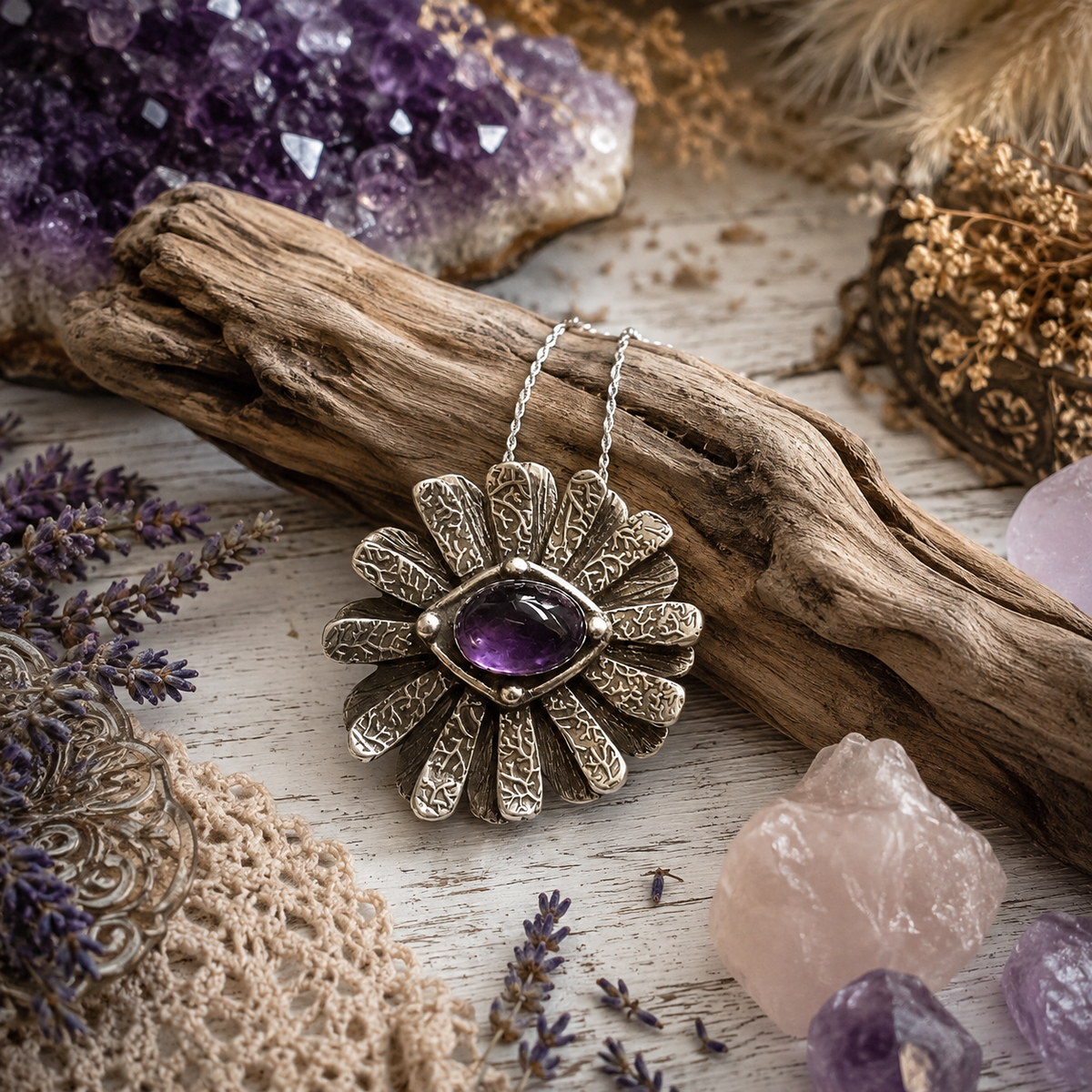 One-of-a-kind handmade natural amethyst necklace featuring a .999 fine silver daisy flower pendant, natural February birthstone and 18-inch chain. Made in USA.