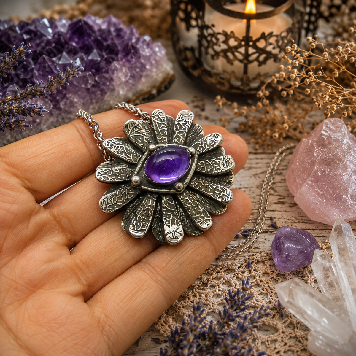 One-of-a-kind handmade natural amethyst necklace featuring a .999 fine silver daisy flower pendant, natural February birthstone and 18-inch chain. Made in USA.