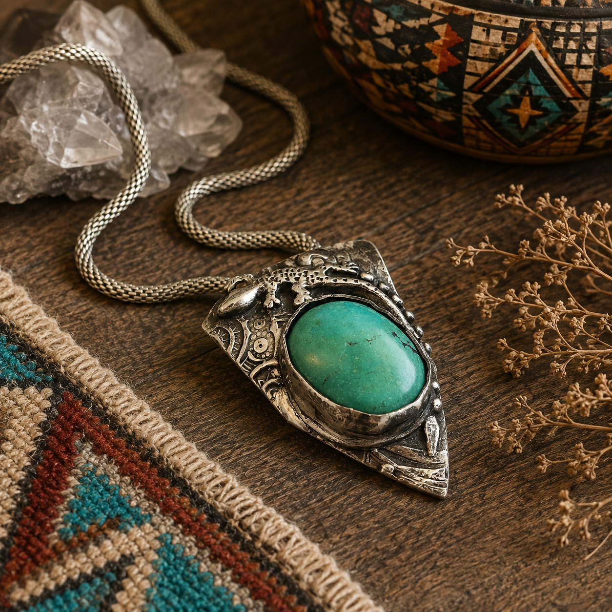 Handmade lizard gecko necklace with natural Arizona turquoise and .950 sterling silver. Unique Southwestern boho artisan pendant jewelry.