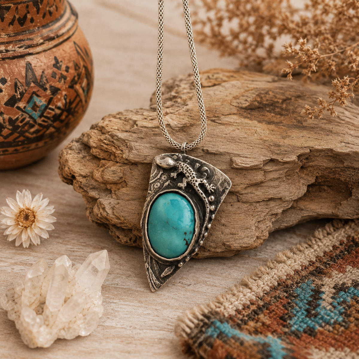 Handmade lizard gecko necklace with natural Arizona turquoise and .950 sterling silver. Unique Southwestern boho artisan pendant jewelry.