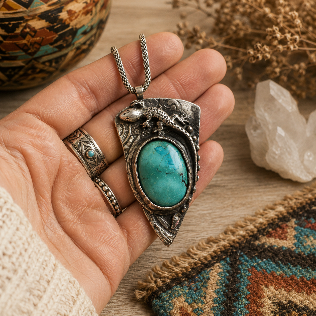 Handmade lizard gecko necklace with natural Arizona turquoise and .950 sterling silver. Unique Southwestern boho artisan pendant jewelry.