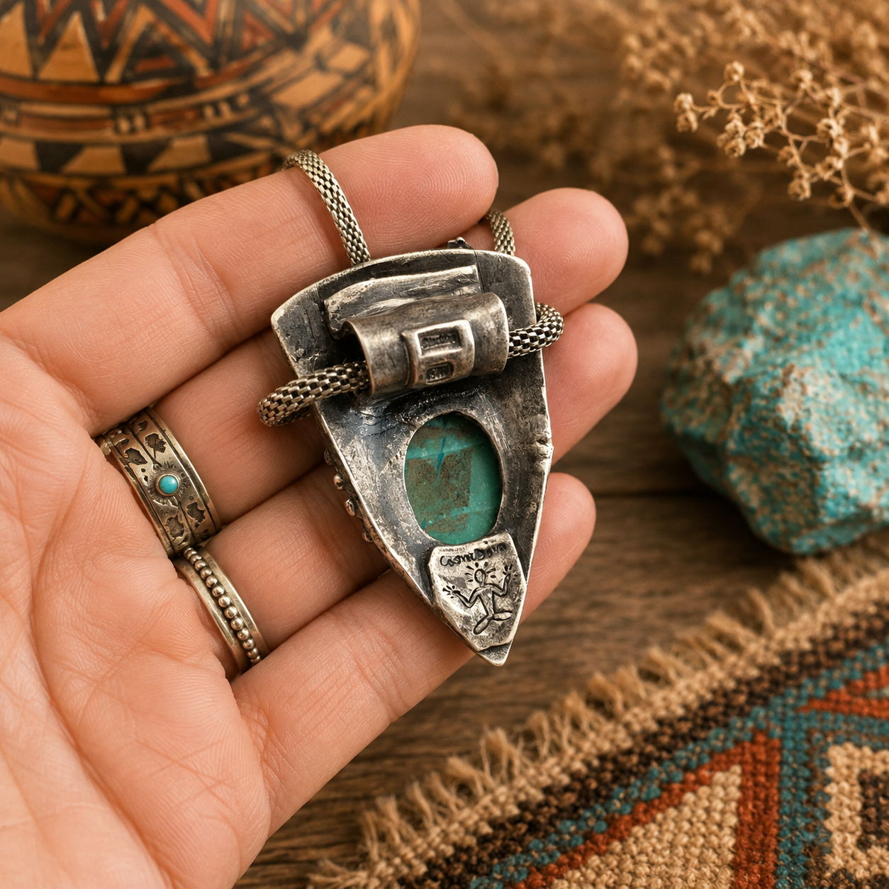 Handmade lizard gecko necklace with natural Arizona turquoise and .950 sterling silver. Unique Southwestern boho artisan pendant jewelry.