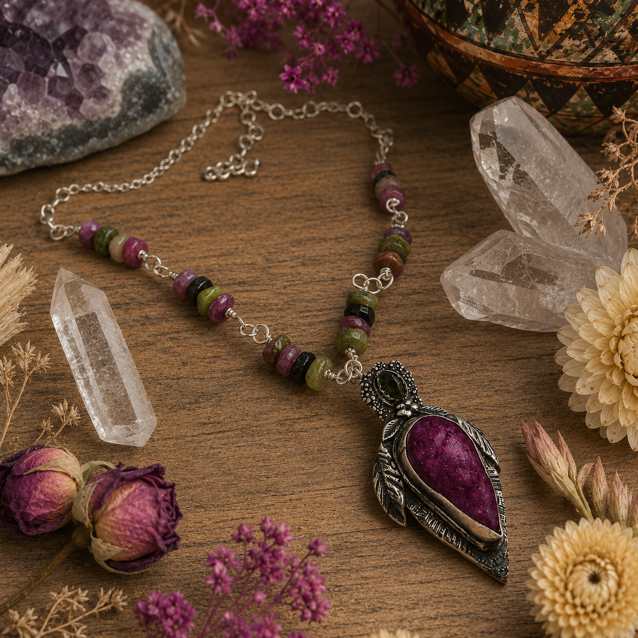 Handmade pink druzy and green tourmaline sterling silver necklace with natural multicolor tourmaline beads and adjustable 16–26 inch chain.
