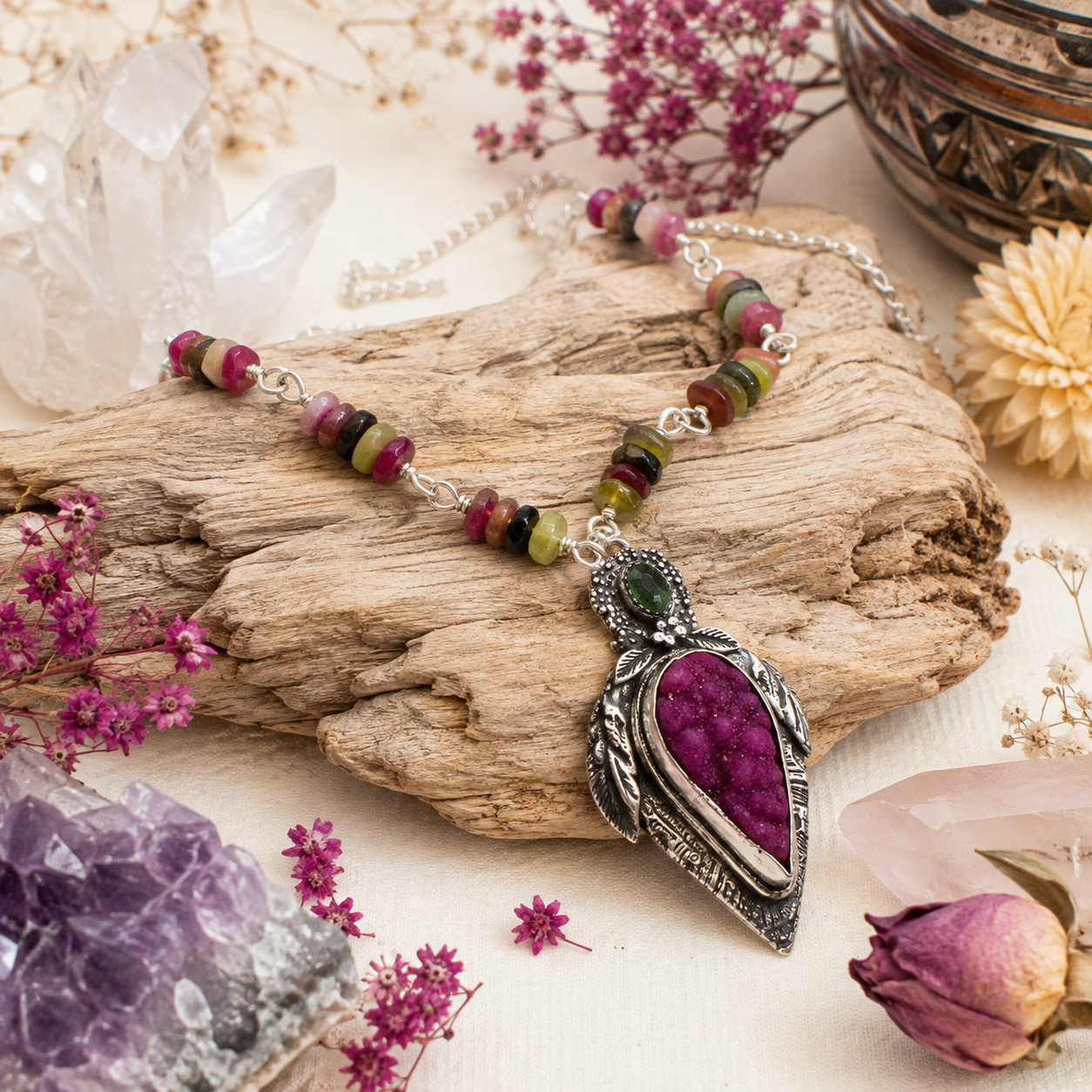 Handmade pink druzy and green tourmaline sterling silver necklace with natural multicolor tourmaline beads and adjustable 16–26 inch chain.