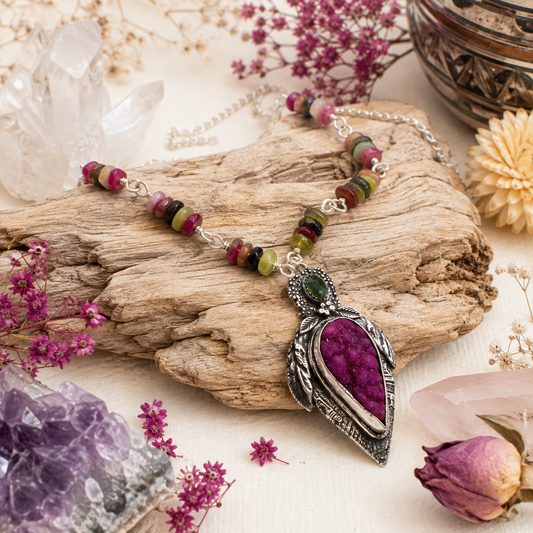 Handmade pink druzy and green tourmaline sterling silver necklace with natural multicolor tourmaline beads and adjustable 16–26 inch chain.