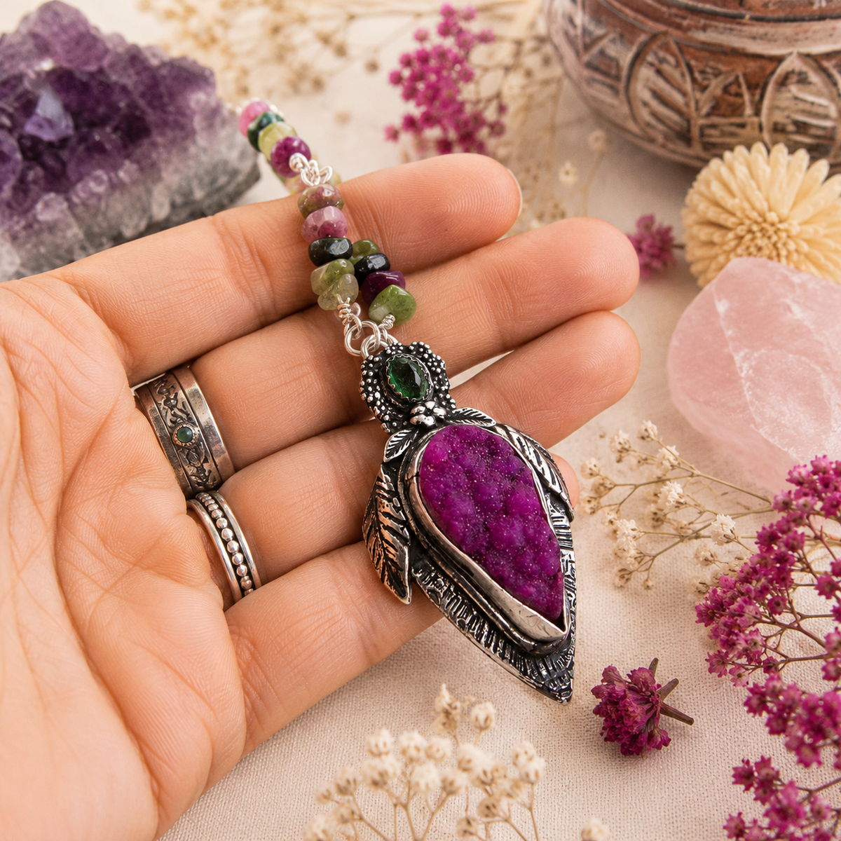 Handmade pink druzy and green tourmaline sterling silver necklace with natural multicolor tourmaline beads and adjustable 16–26 inch chain.
