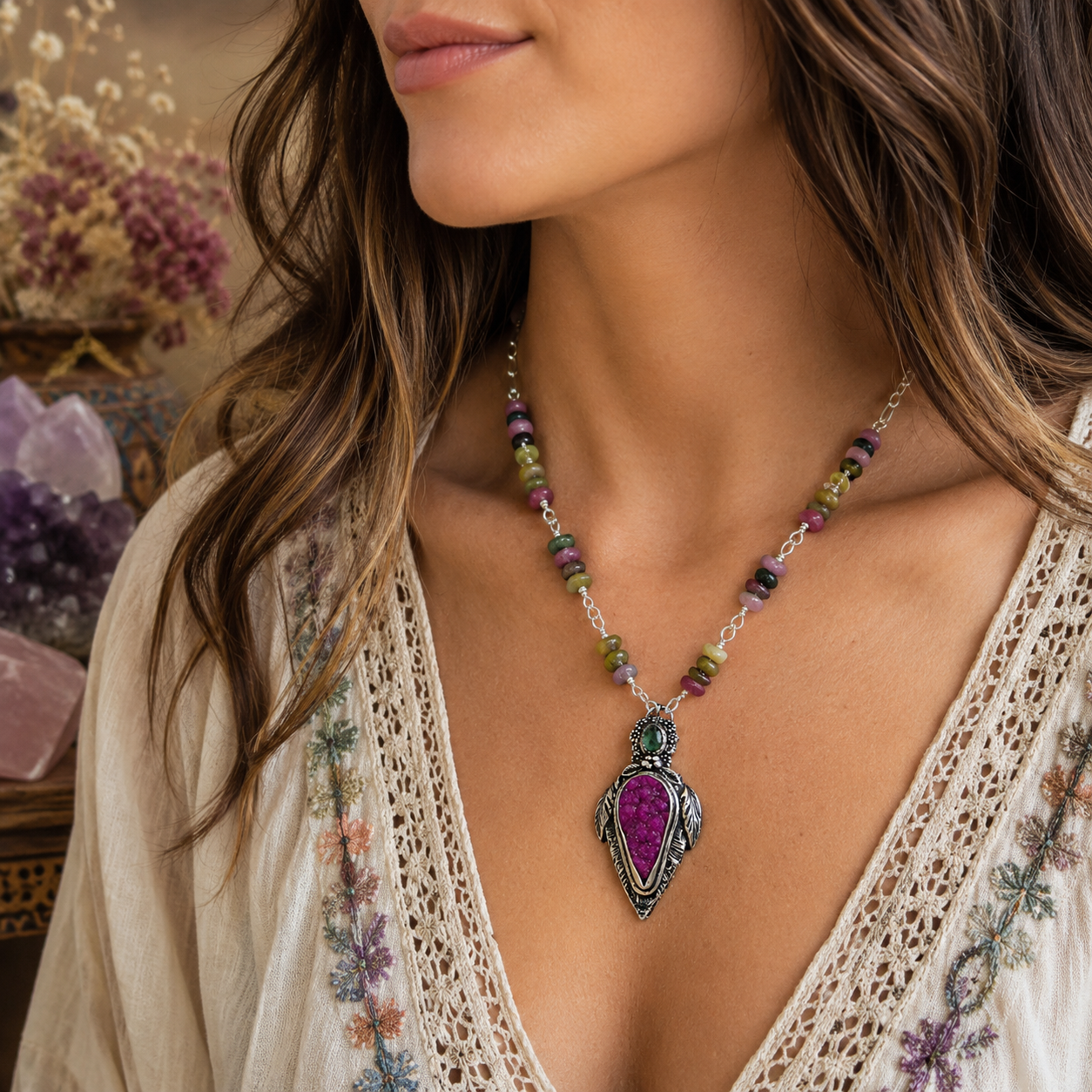 Handmade pink druzy and green tourmaline sterling silver necklace with natural multicolor tourmaline beads and adjustable 16–26 inch chain.