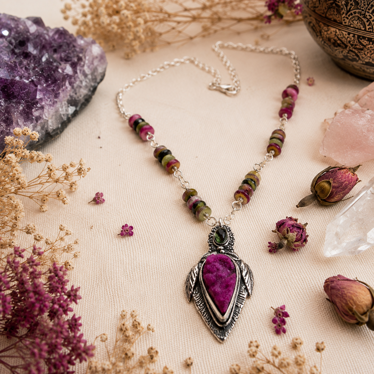 Handmade pink druzy and green tourmaline sterling silver necklace with natural multicolor tourmaline beads and adjustable 16–26 inch chain.