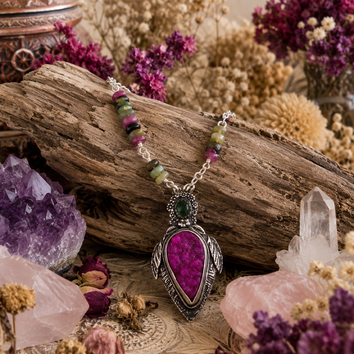 Handmade pink druzy and green tourmaline sterling silver necklace with natural multicolor tourmaline beads and adjustable 16–26 inch chain.