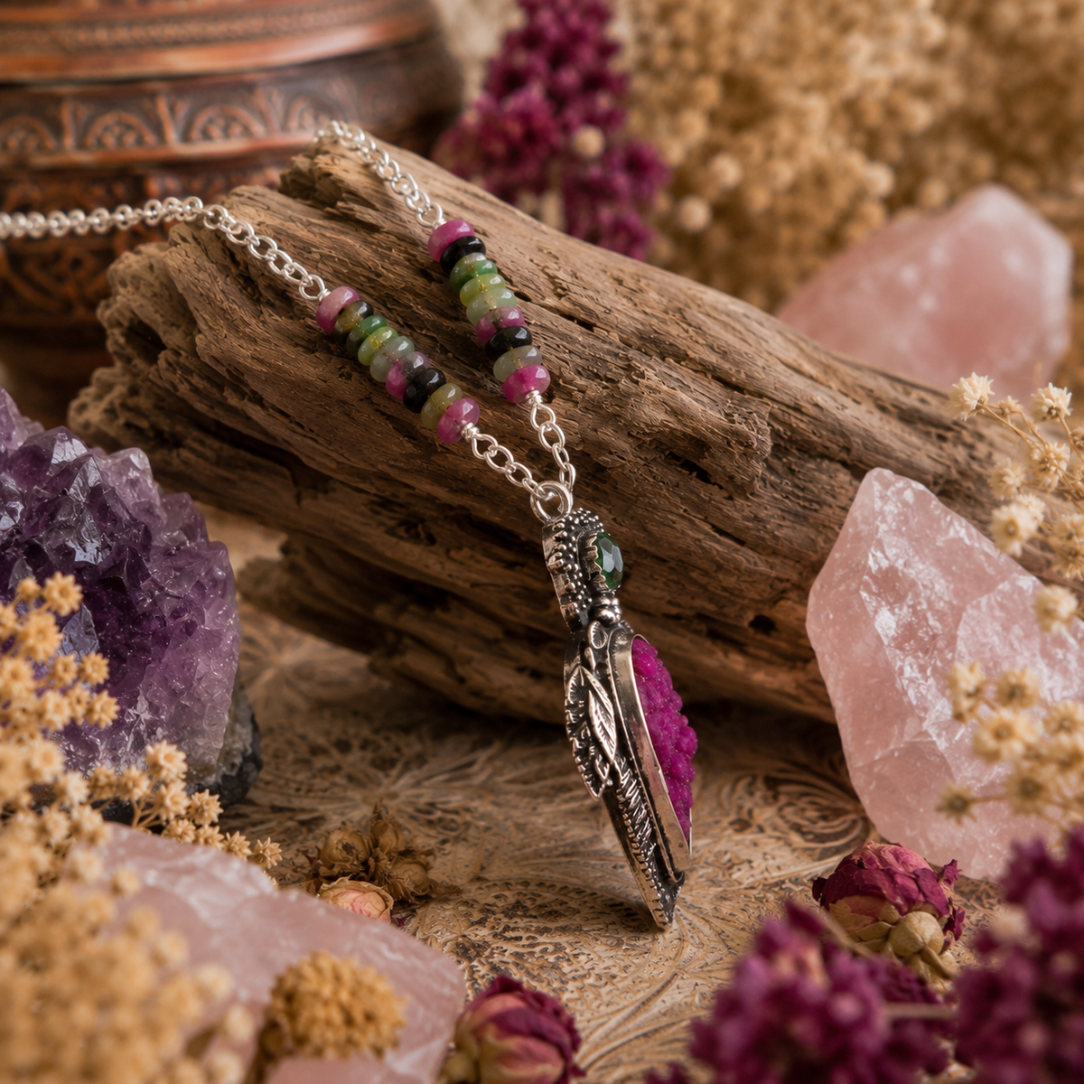 Handmade pink druzy and green tourmaline sterling silver necklace with natural multicolor tourmaline beads and adjustable 16–26 inch chain.