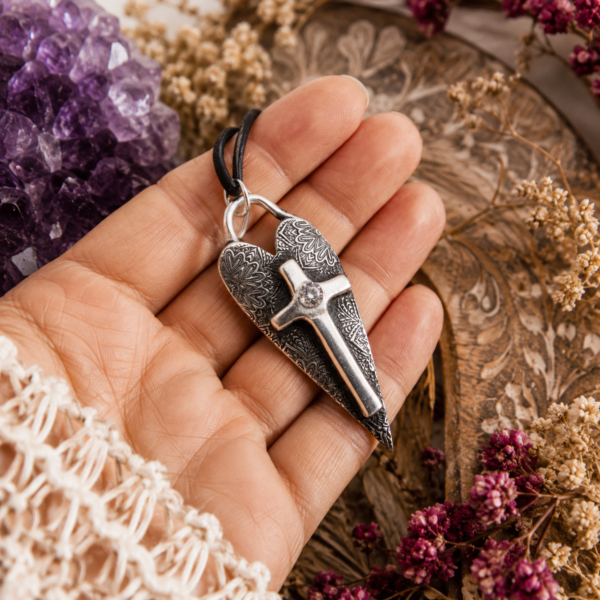 Handmade .999 fine silver Cross on Heart necklace with sparkling cubic zirconia. Unique Christian faith jewelry and meaningful religious gift for her.