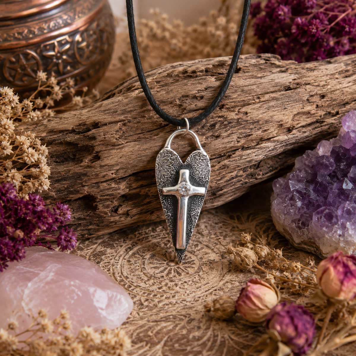 Handmade .999 fine silver Cross on Heart necklace with sparkling cubic zirconia. Unique Christian faith jewelry and meaningful religious gift for her.