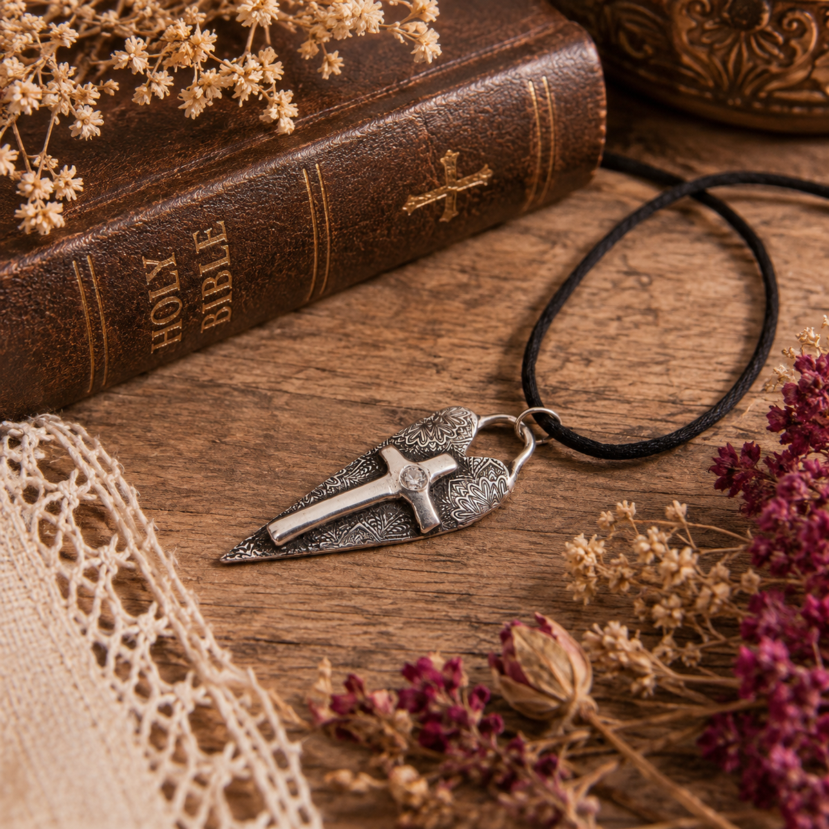 Handmade .999 fine silver Cross on Heart necklace with sparkling cubic zirconia. Unique Christian faith jewelry and meaningful religious gift for her.