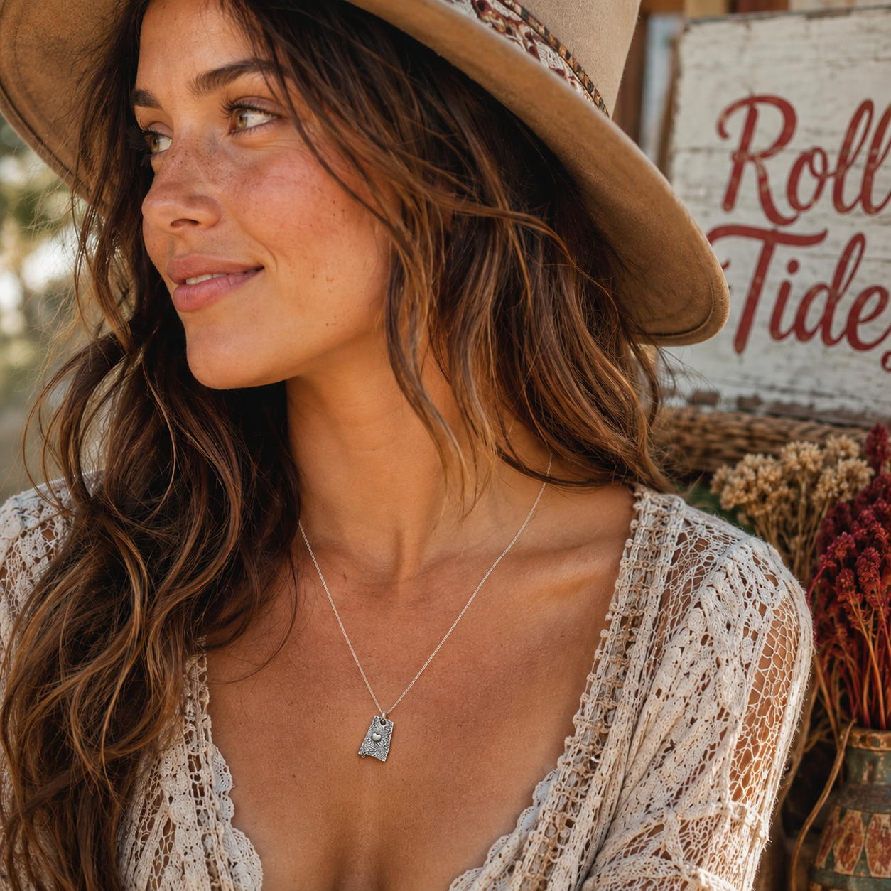 Shine your love for Alabama with this stunningly handcrafted and kiln-fired sterling silver necklace, featuring a delicate Alabama-shaped pendant with a heart in the center.  Alabama love never looked so beautiful!