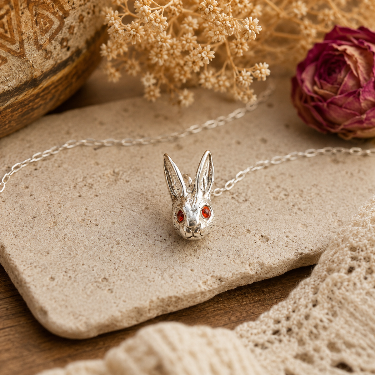Dainty sterling silver bunny necklace with tiny fire opal eyes. Handmade rabbit pendant on an 18-inch silver chain—a sweet gift for bunny lovers.
