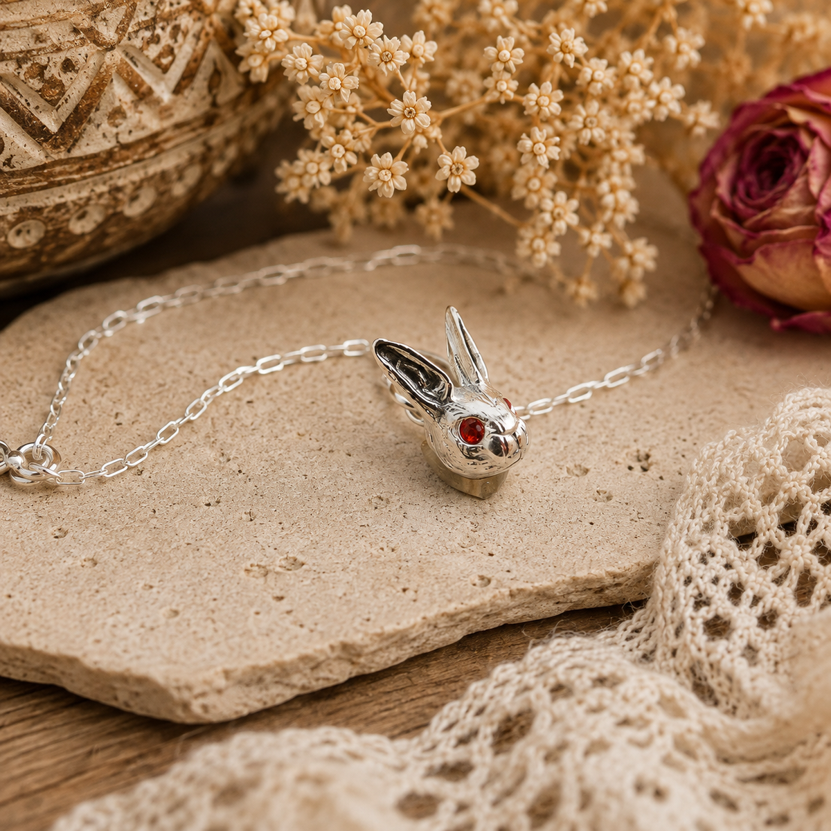 Dainty sterling silver bunny necklace with tiny fire opal eyes. Handmade rabbit pendant on an 18-inch silver chain—a sweet gift for bunny lovers.
