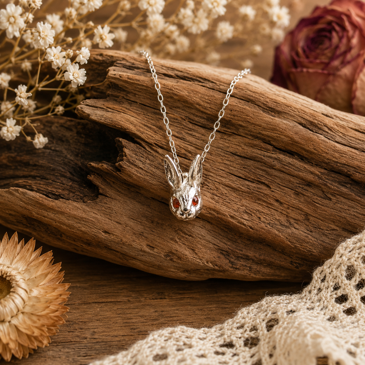 Dainty sterling silver bunny necklace with tiny fire opal eyes. Handmade rabbit pendant on an 18-inch silver chain—a sweet gift for bunny lovers.