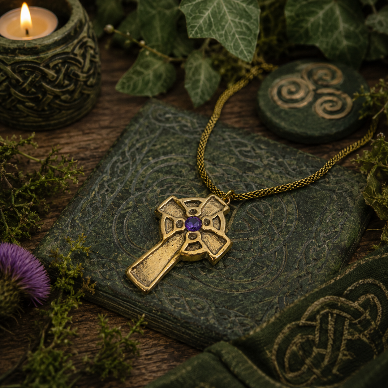 A gold-toned Celtic cross pendant necklace with a purple gemstone centerpiece, displayed on a dark green textured book surrounded by ivy, a lit candle, and mossy decorative elements.