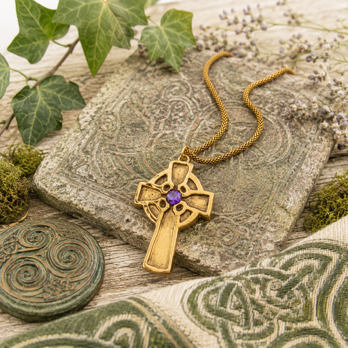 A gold Celtic cross pendant with a purple amethyst center stone, resting on a textured stone slab surrounded by green ivy, dried flowers, and a green Celtic knot fabric.