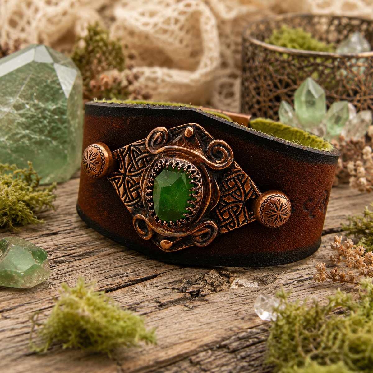 One-of-a-kind green Peridot leather cuff with Celtic textured copper, brown VegTan leather and magnetic clasp. Handmade boho artisan jewelry. By Cosmicdeva 