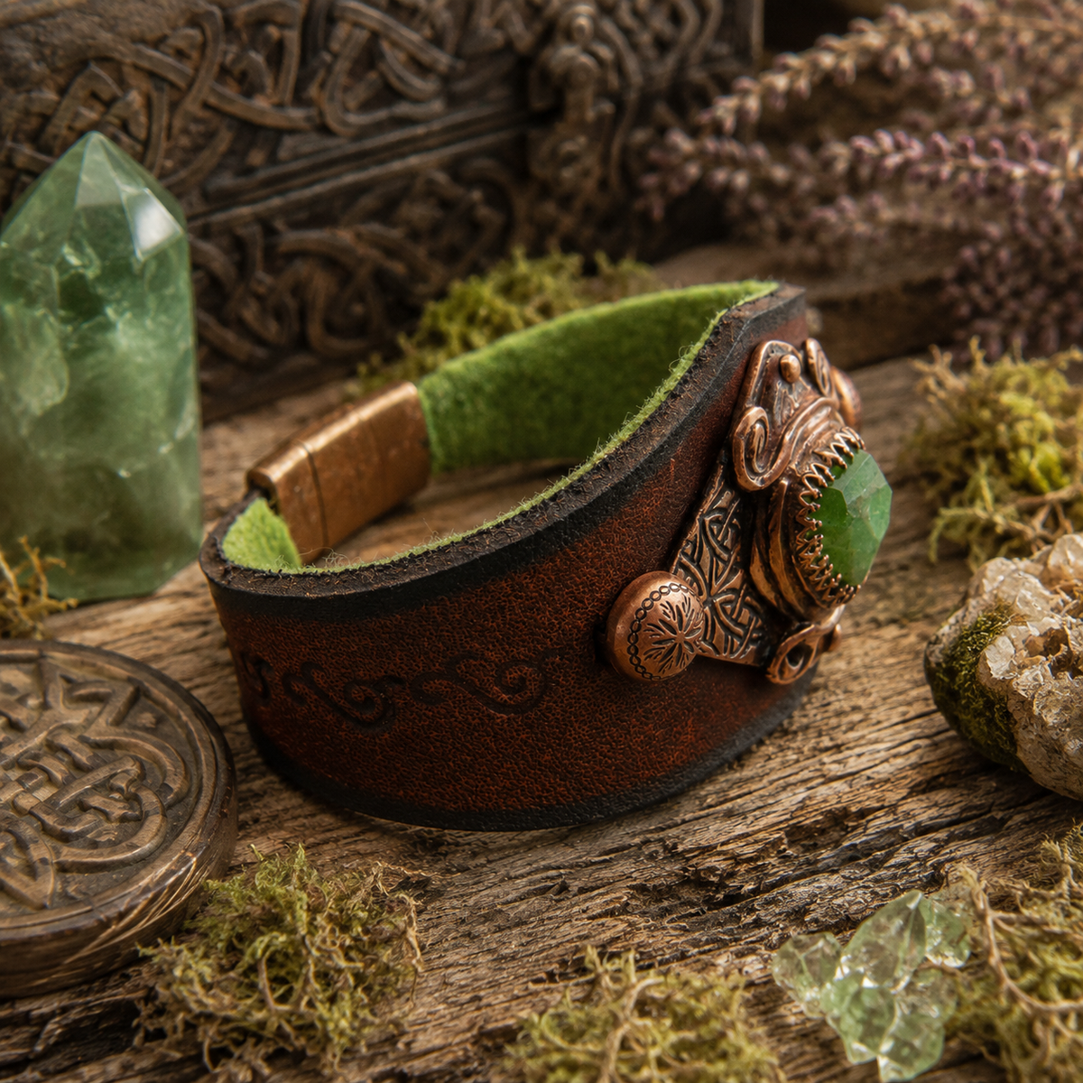 One-of-a-kind green Peridot leather cuff with Celtic textured copper, brown VegTan leather and magnetic clasp. Handmade boho artisan jewelry. By Cosmicdeva 