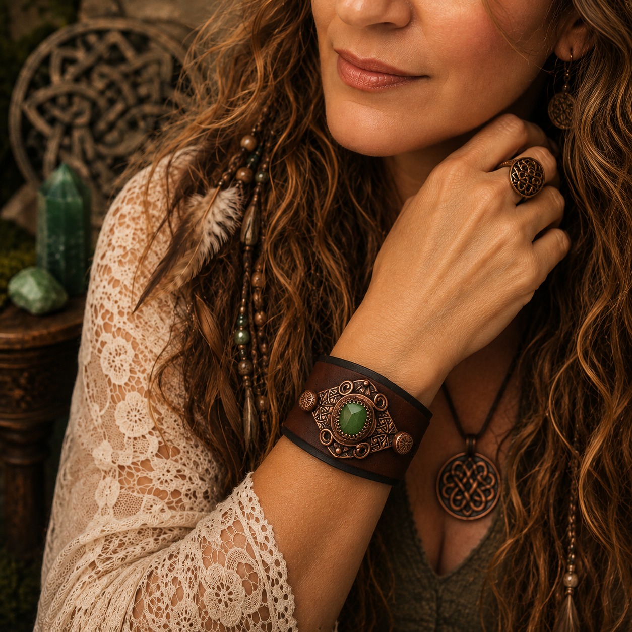One-of-a-kind green Peridot leather cuff with Celtic textured copper, brown VegTan leather and magnetic clasp. Handmade boho artisan jewelry. By Cosmicdeva 