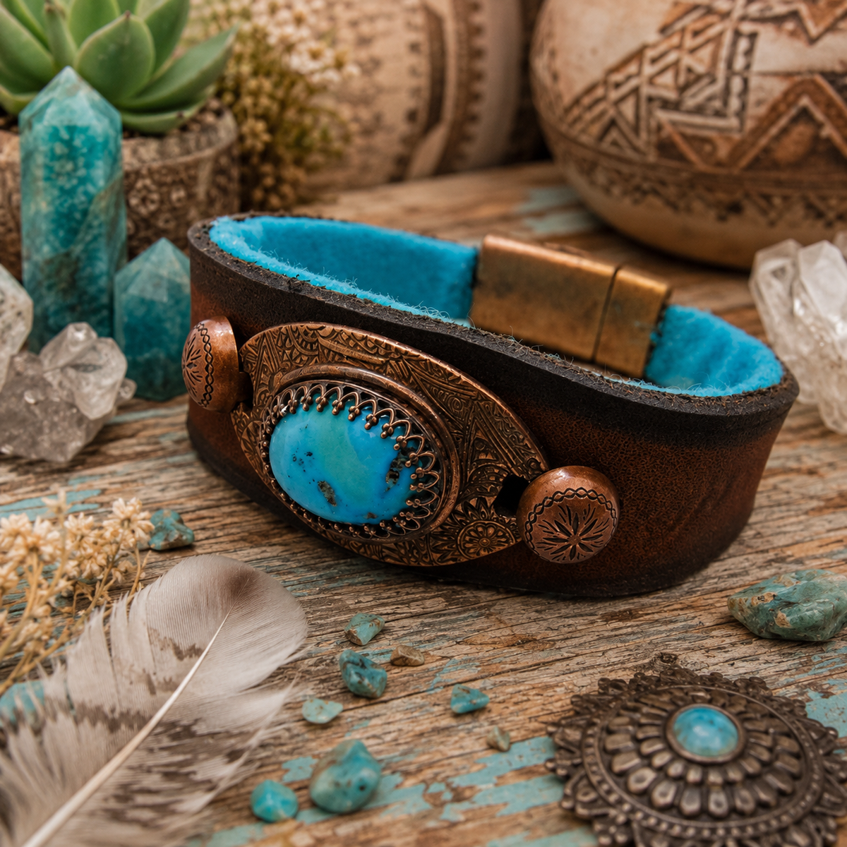 Handmade Tibetan turquoise leather cuff bracelet with solid copper, brown VegTan leather and magnetic clasp. Unique Southwestern boho jewelry.by Cosmicdeva 