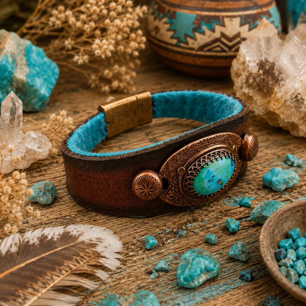 Handmade Tibetan turquoise leather cuff bracelet with solid copper, brown VegTan leather and magnetic clasp. Unique Southwestern boho jewelry.by Cosmicdeva 