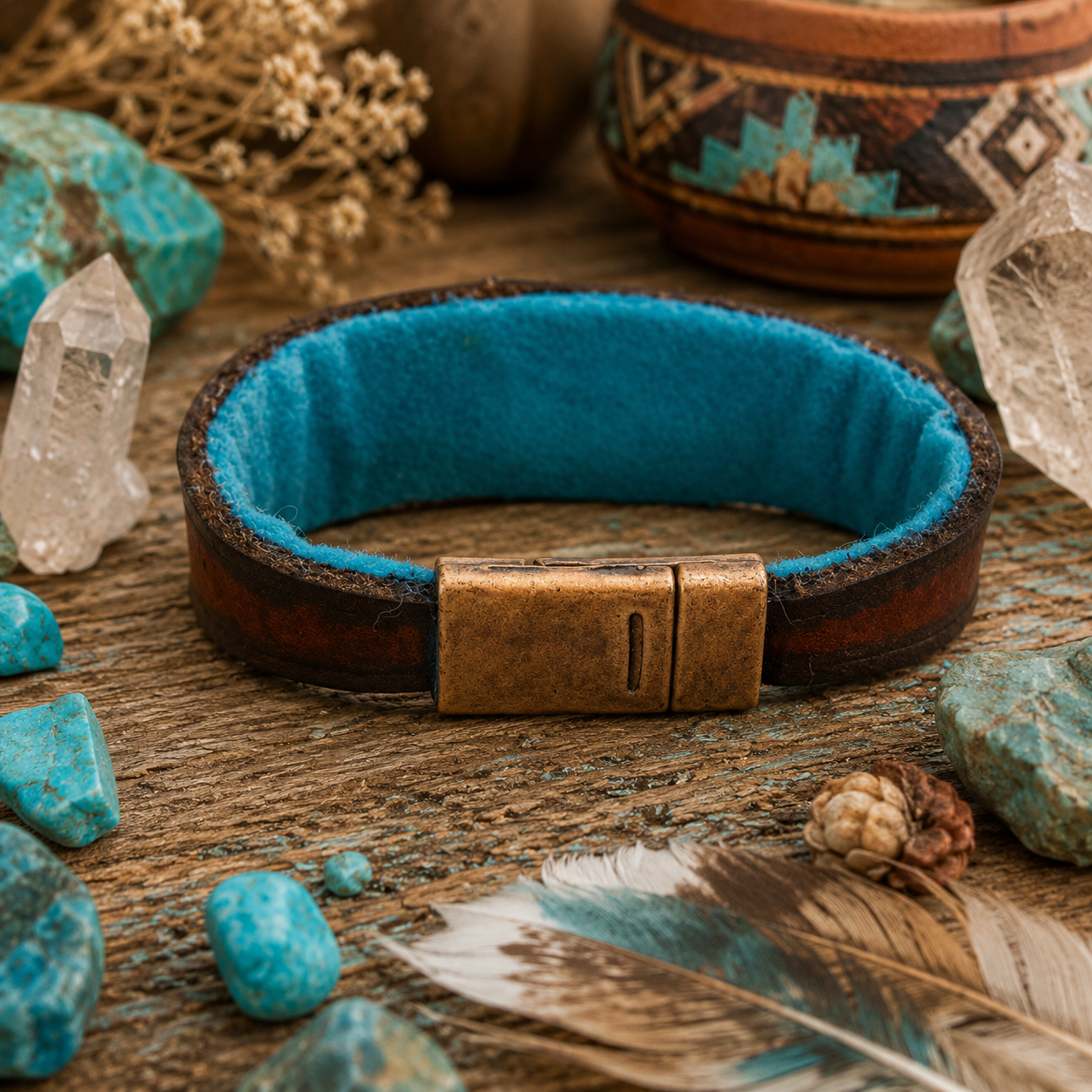 Handmade Tibetan turquoise leather cuff bracelet with solid copper, brown VegTan leather and magnetic clasp. Unique Southwestern boho jewelry.by Cosmicdeva 