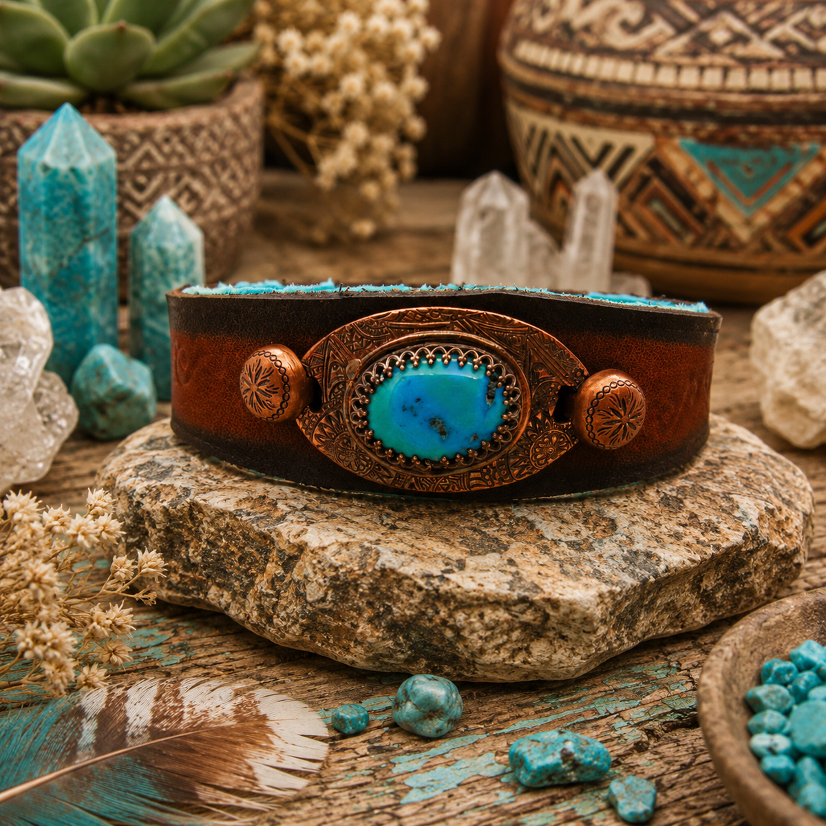 Handmade Tibetan turquoise leather cuff bracelet with solid copper, brown VegTan leather and magnetic clasp. Unique Southwestern boho jewelry.by Cosmicdeva 