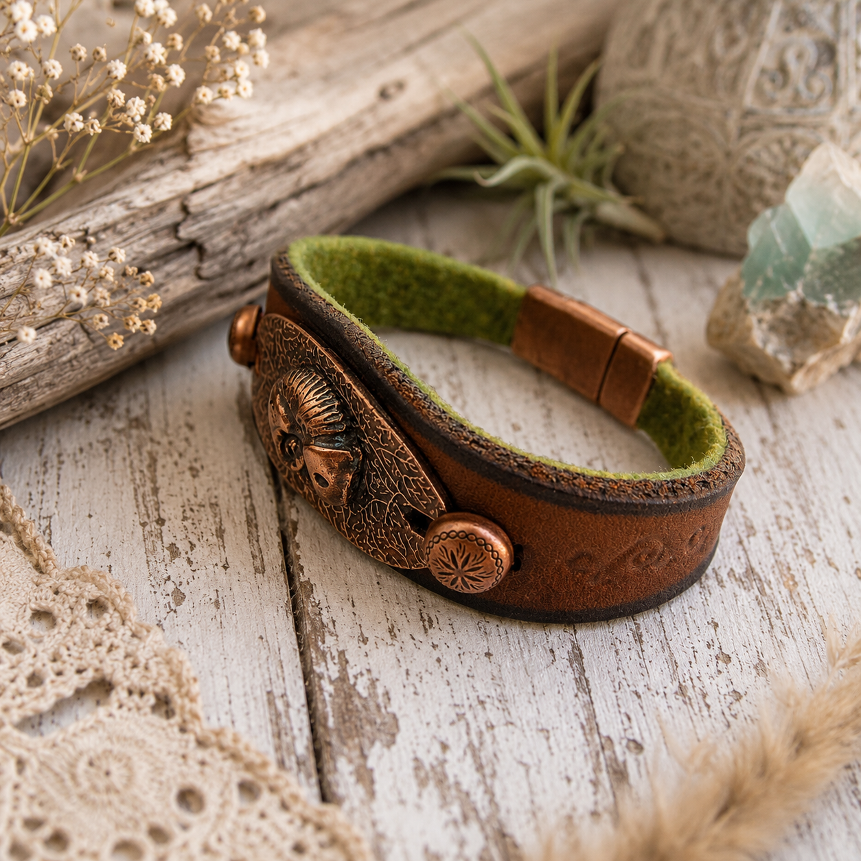 Handmade copper chameleon leather cuff bracelet with brown VegTan leather, olive green lining and rustic copper details. Unique boho nature jewelry gift. By Cosmicdeva 