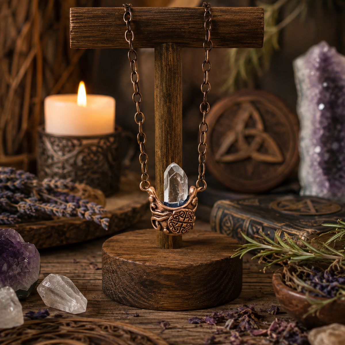 Wiccan Quartz Cauldron Necklace, Celtic Copper Jewelry - CosmicDeva