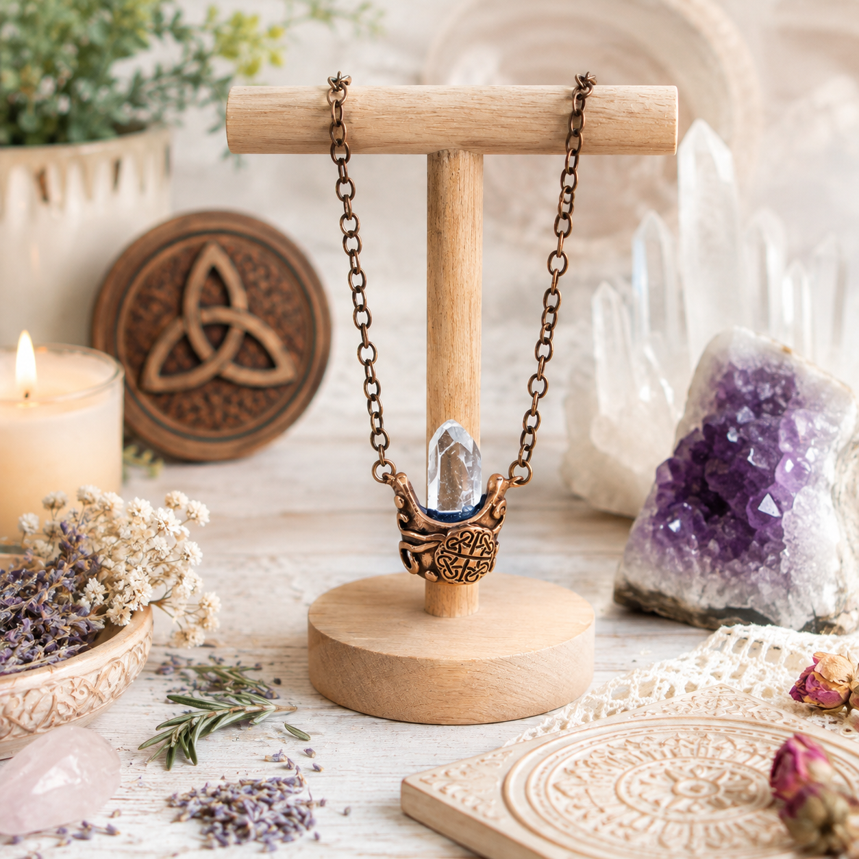 Handmade Wiccan cauldron necklace in solid copper with natural clear quartz crystal. Unique Celtic pagan jewelry and mystical boho witch gift.