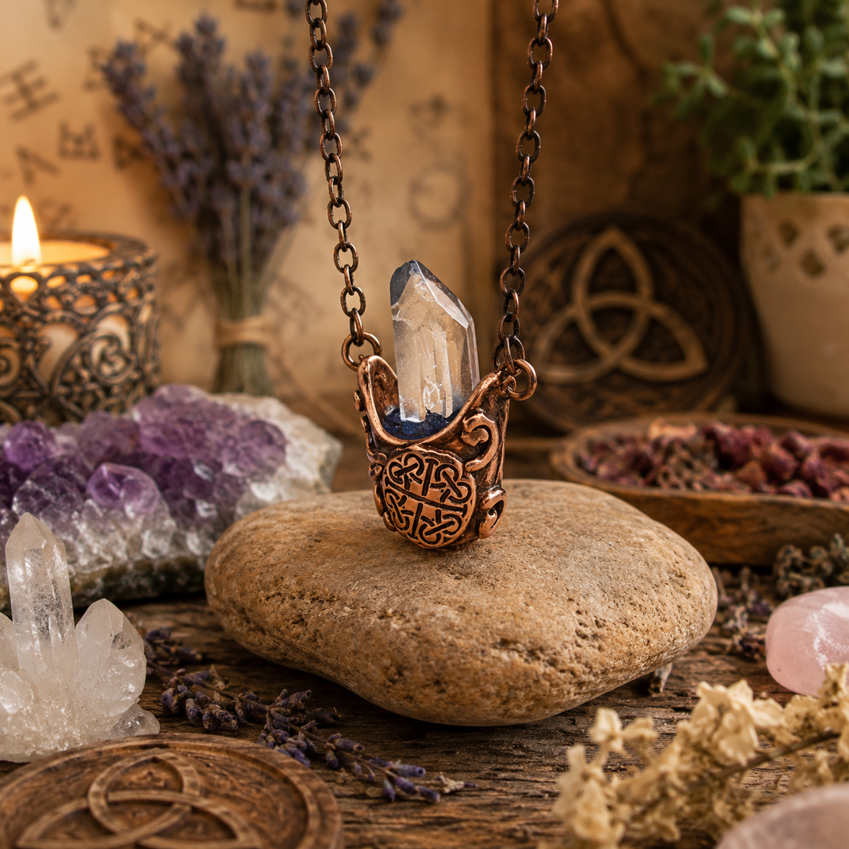 Handmade Wiccan cauldron necklace in solid copper with natural clear quartz crystal. Unique Celtic pagan jewelry and mystical boho witch gift. by cosmicdeva