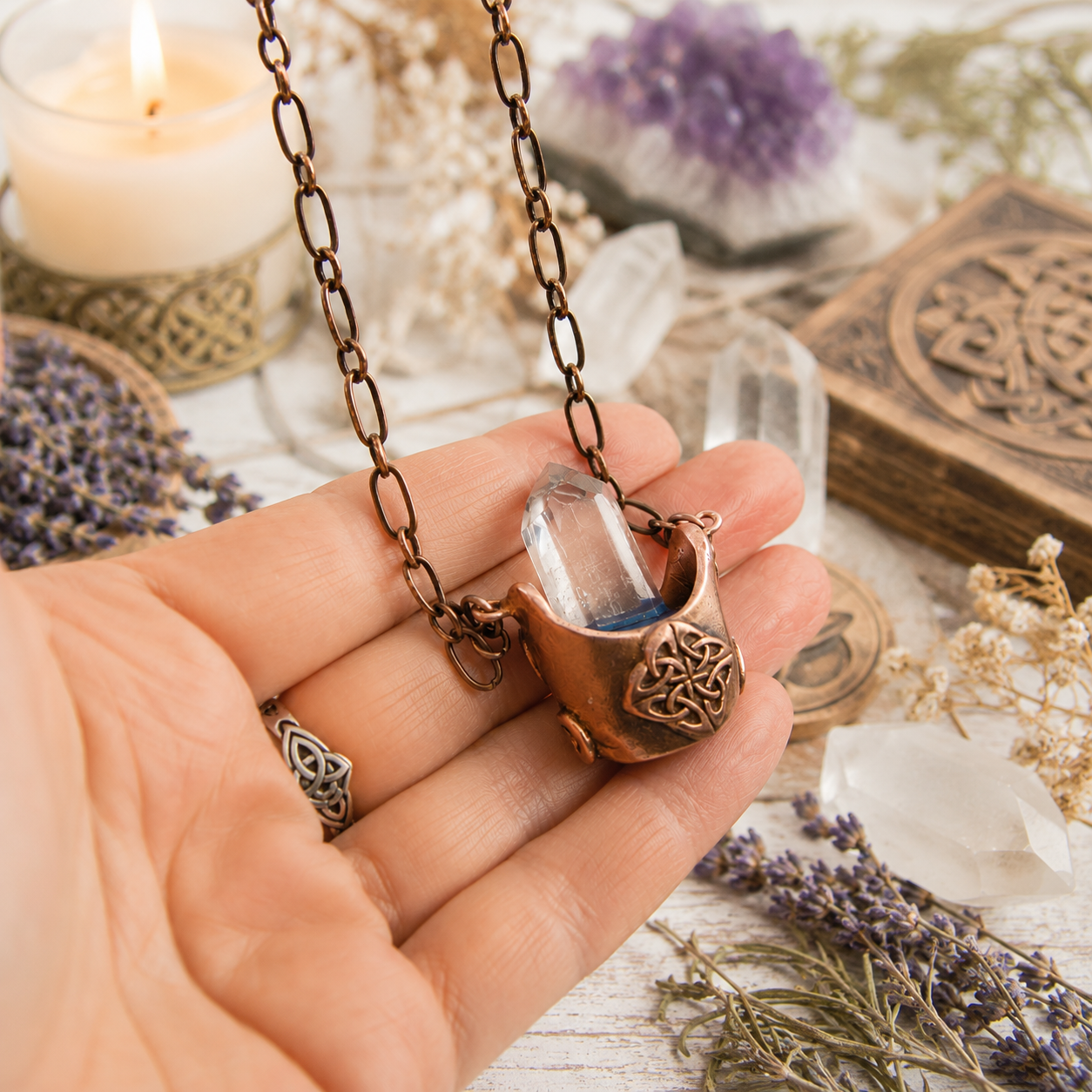 Handmade Wiccan cauldron necklace in solid copper with natural clear quartz crystal. Unique Celtic pagan jewelry and mystical boho witch gift.