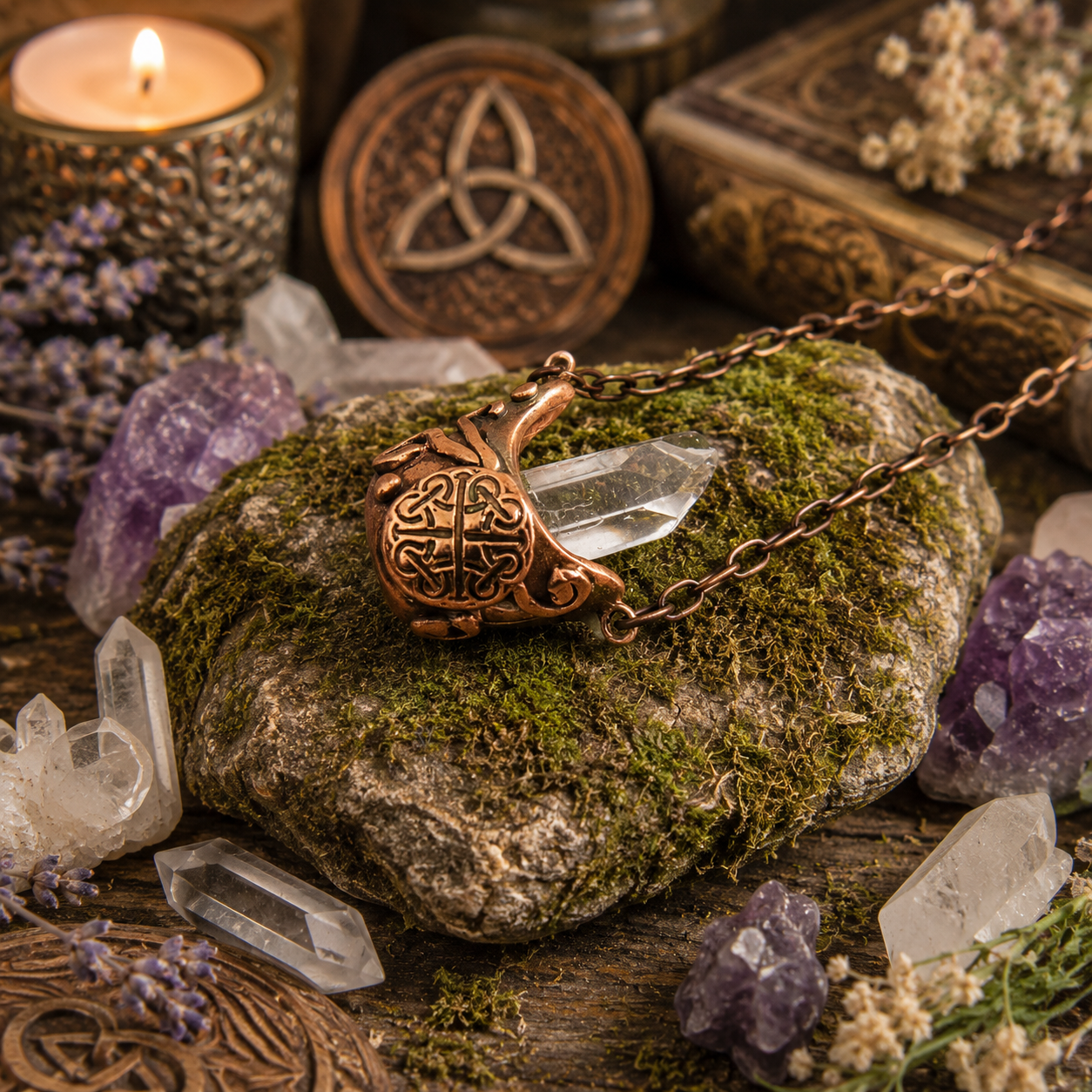Handmade Wiccan cauldron necklace in solid copper with natural clear quartz crystal. Unique Celtic pagan jewelry and mystical boho witch gift.