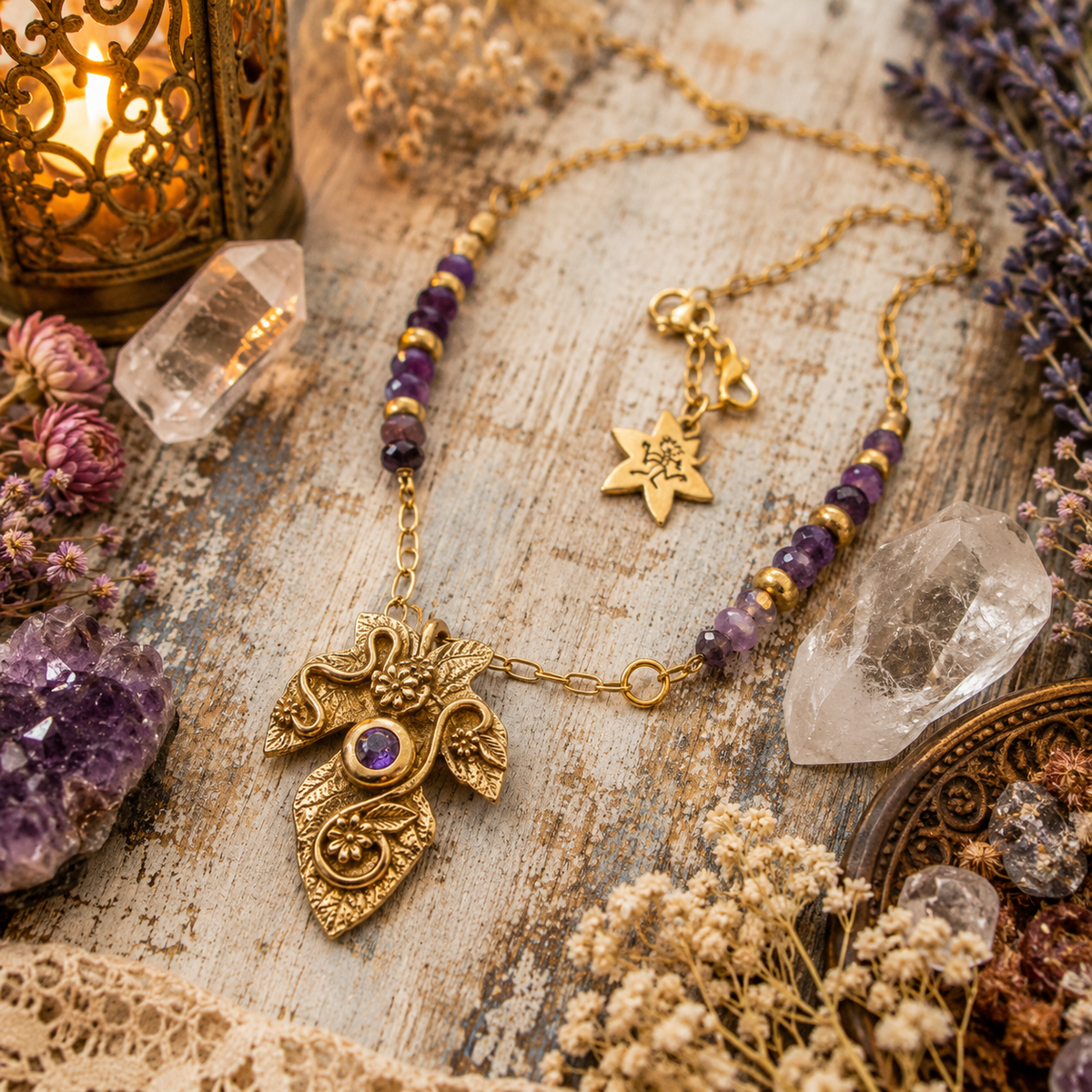 Handcrafted gold bronze fig leaf necklace with natural Lepidolite beads and purple Amethyst CZ. Botanical boho jewelry handmade in the USA. By Cosmicdeva