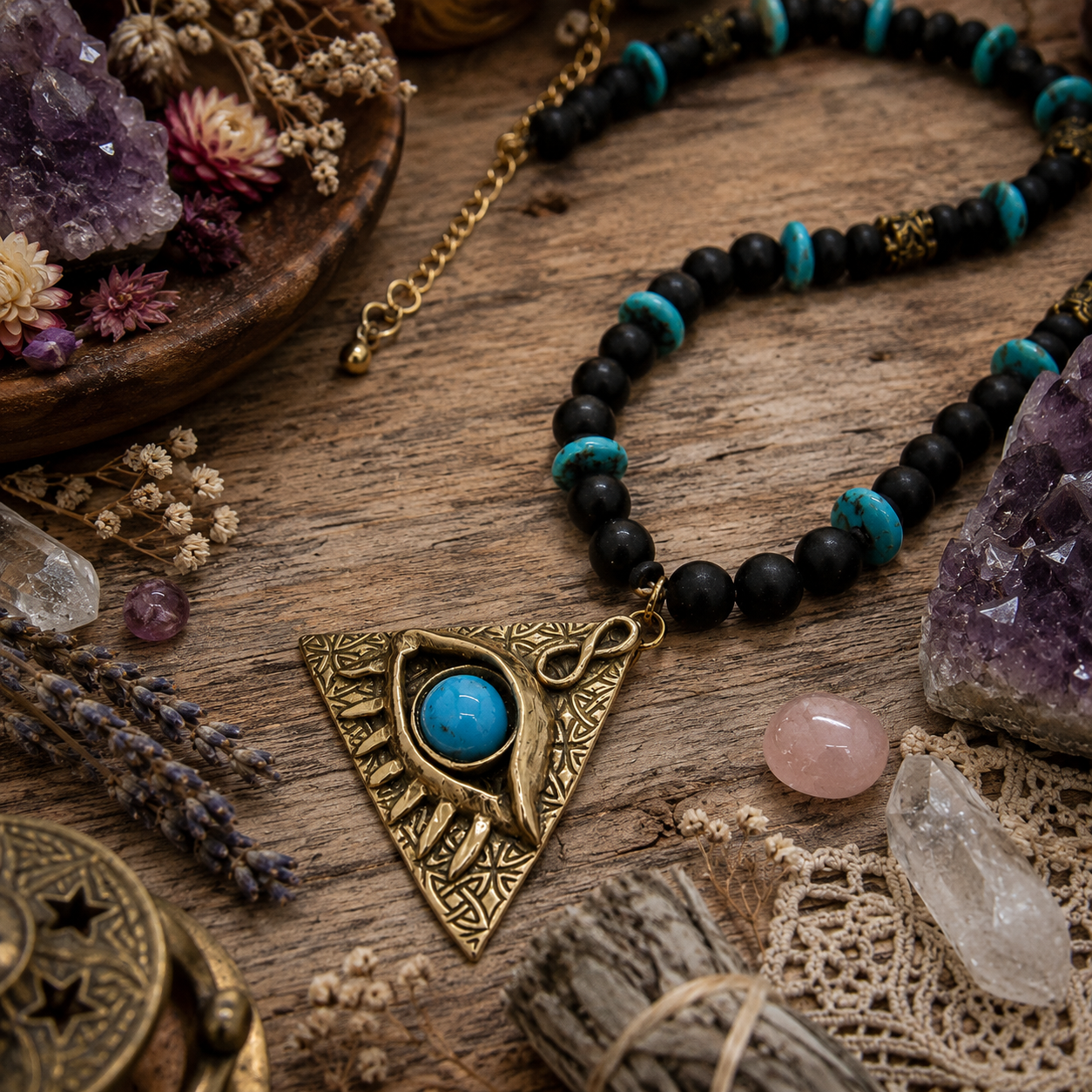 Handmade bronze Evil Eye necklace with natural Arizona turquoise, black onyx and turquoise beads. Mystical All-Seeing Eye protection amulet by CosmicDeva.