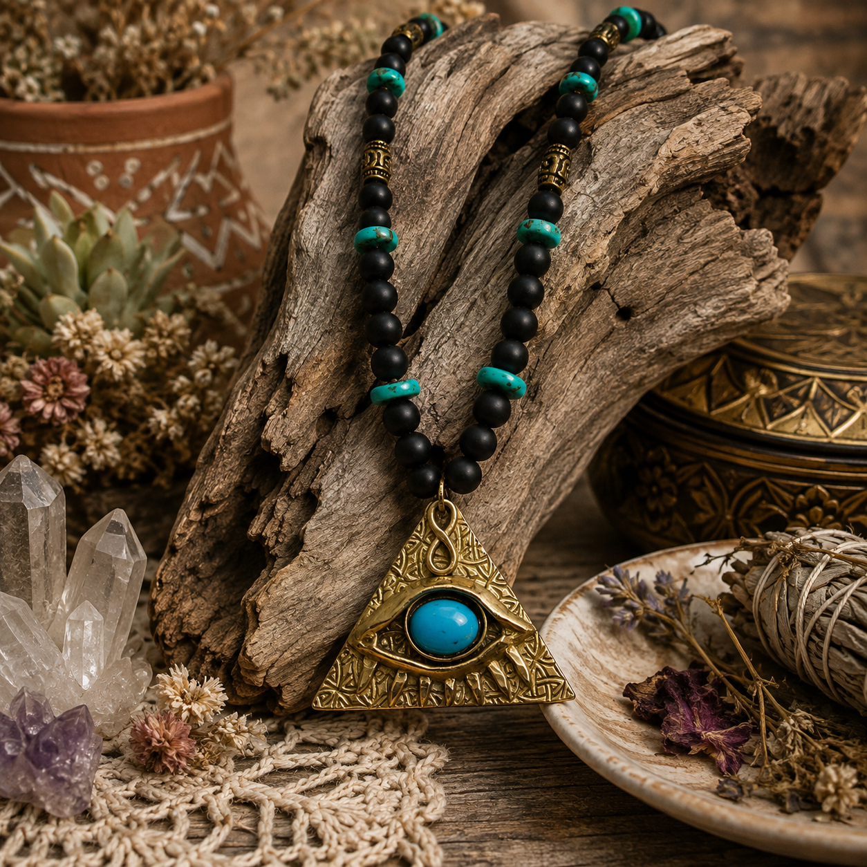 Handmade bronze Evil Eye necklace with natural Arizona turquoise, black onyx and turquoise beads. Mystical All-Seeing Eye protection amulet by CosmicDeva.