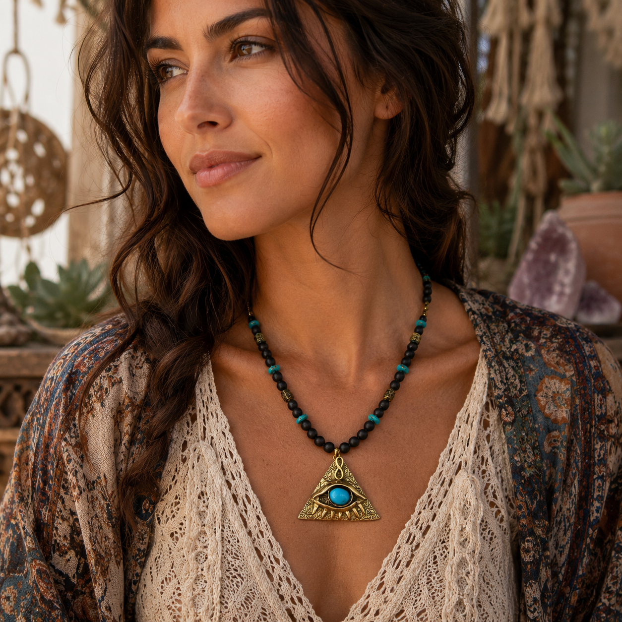 Handmade bronze Evil Eye necklace with natural Arizona turquoise, black onyx and turquoise beads. Mystical All-Seeing Eye protection amulet by CosmicDeva.